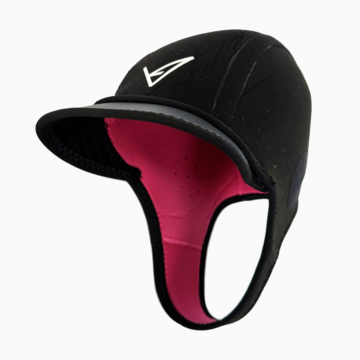 Black cap with pink interior on a white background
